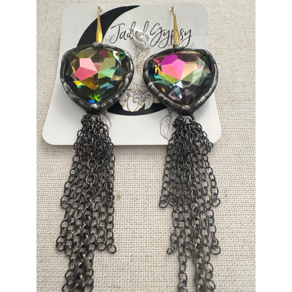 Jaded Gypsy Volcano AB Heart Chain Fringe Earrings NWT